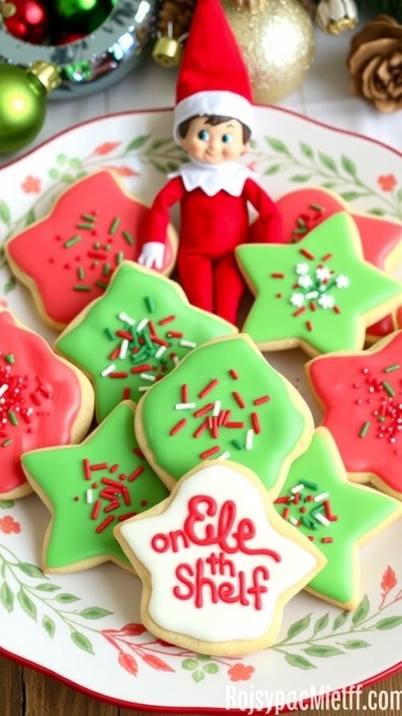 A plate of decorated cookies inspired by Elf on the Shelf, with red and green sprinkles, surrounded by Christmas decorations.